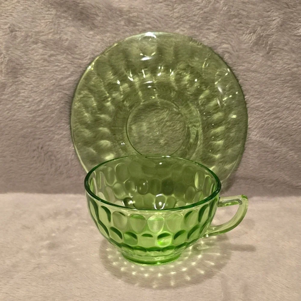 Vintage‎ Federal Glass Uranium Thumbprint Tea Cup and Saucer Set Glows